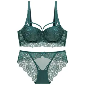 3/4 Cup Nhãn Hiệu Màu Xanh Lá Cây Bộ Đồ Lót Ren Phụ Nữ Sâu V Cái Yếm Cotton Màu Đen Push Up Bra Và Panty Thiết Sexy Quần Lót Đồ Lót Đặt