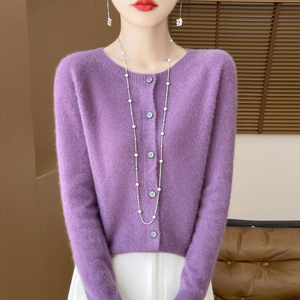 2025 Spring Autumn Collection 100% Pure Wool Women's Neck Cardigan Minimalist Office Wear Coat New Gray Knit <strong>Top</strong> for <strong>Winter</strong> - Product Image 5