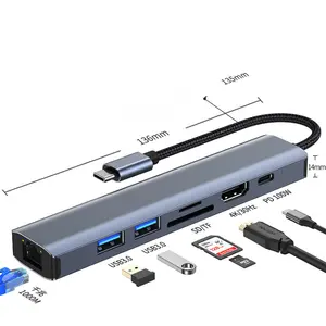 Stasiun Dok Laptop Universal Aluminium 1000M, Hub Data Usb ke Ethernet Sd Tf Usb C Hub 100 Splitter 7 Port Aluminium 3.0 M