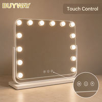 Miroir de Maquillage Design avec LED Longue, Miroir de Salon Moderne Professionnel avec Support en Bois et Lampe