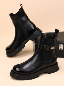 Nouvelles bottes courtes de moto pour hommes en <span class=keywords><strong>cuir</strong></span> <span class=keywords><strong>noir</strong></span> à bout pointu, décontractées, à semelle épaisse surélevée, collection 2026 - Product Image 5