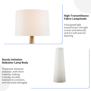 Modern Table Lamp Luxury Hotel Living Room Decor Faceted Alabaster Base Brass <b>Neck</b> Fabric Shade Olsen - Product Image 3