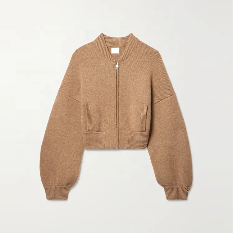 Clothing manufacturer custom autumn winter brown v neck long sleeve zipper women wool cashmere knit sweater