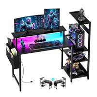 Bureau de jeu et poste de travail réversible noir avec étagères de rangement et support pour moniteur et tour d'ordinateur, pour bureau à domicile, chambre et dortoir