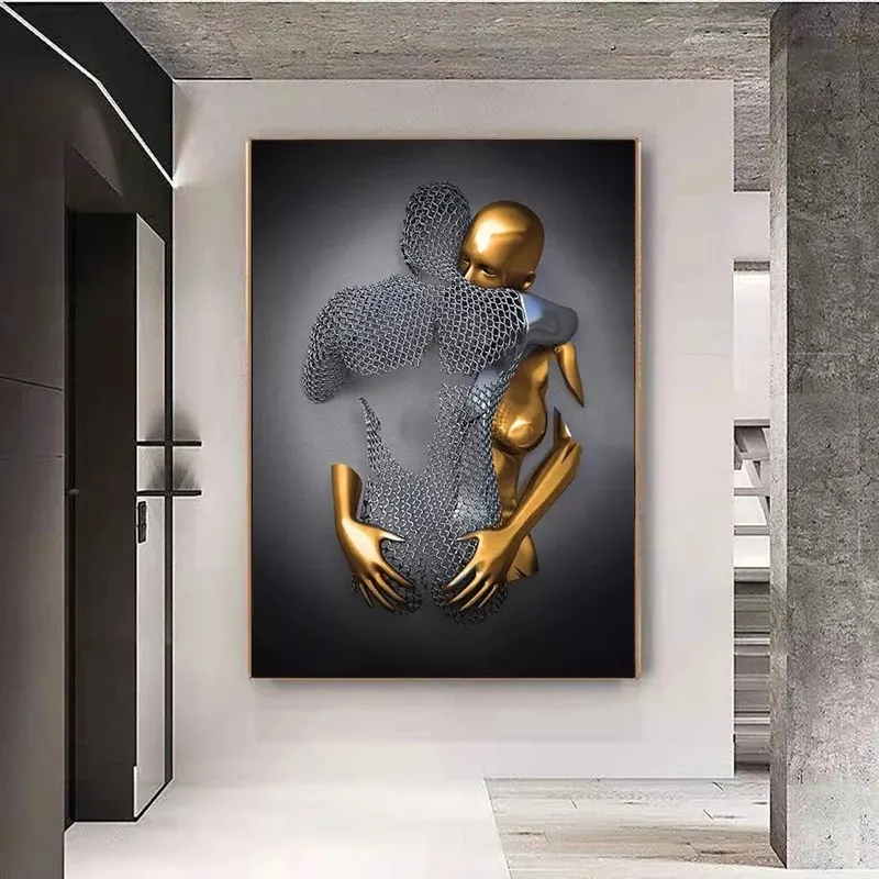 Romantische Kunst Liebe Herz Grau Metall Figur Statue 3D Kunst Poster und Drucke Wandbilder Wohnzimmer Dekor Malerei