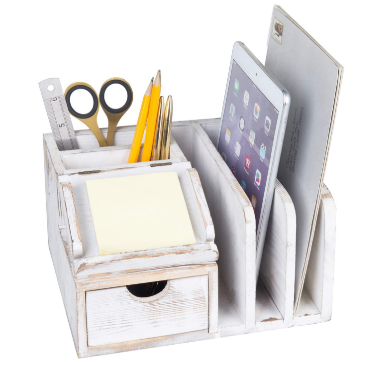 custom hitewashed Wood Desktop Office Organizer with Sticky Note Pad Holder Mail Sorter Pullout Drawer