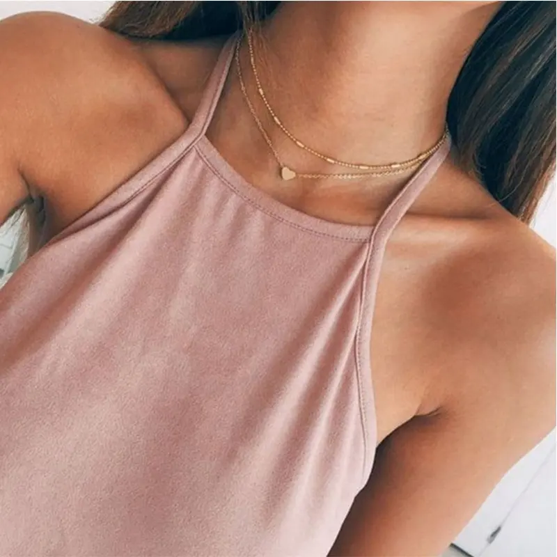 Hot sale minimalist style small love neck chain copper heart double pendant clavicle necklace