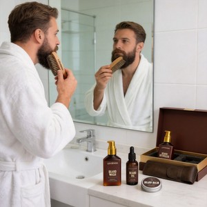 LOVERYMEN <b>Beard</b> <b>Care</b> Kit 9-Piece Set With Oil Balm Wash Detangler Brush Comb Trimmer Sandalwood Scent For Men Grooming - Product Image 3