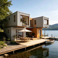 Maison préfabriquée modulaire en conteneurs, villa en conteneurs sur mesure à 2 étages avec terrasse en bois pour la vie en bord de lac