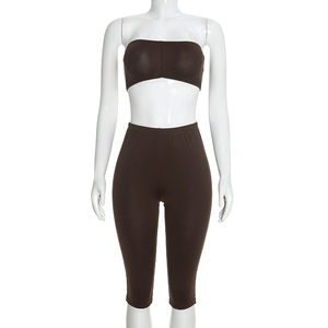 Viviblook C26ST343 Ensemble haut à manches longues et pantalon court sans bretelles pour femme, couleur unie, col rond, épaules dénudées - Product Image 5