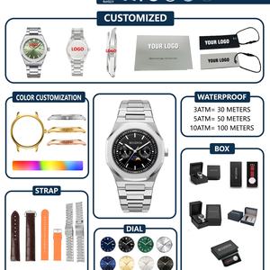 Montre en acier inoxydable avec logo, phases de lune, soleil et lune, mouvement japonais Hardlex, chronographe à quartz, bracelet en cuir tendance - Product Image 4