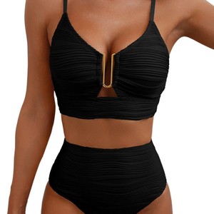 Traje de baño bikini de 2 piezas para <span class=keywords><strong>mujer</strong></span>, nuevo modelo 2026, estilo europeo-americano, con cuello en V, diseño hueco, cintura alta y textura plisada. - Product Image 5