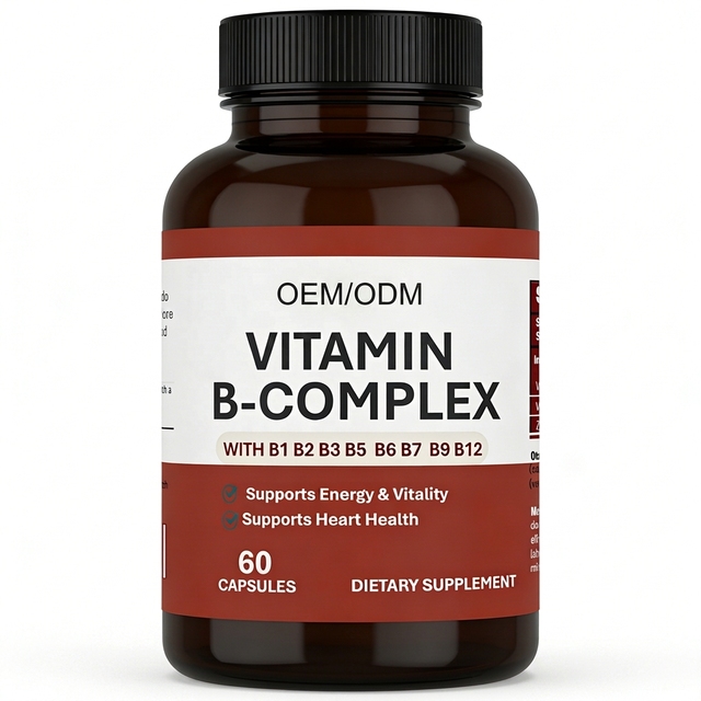 Vitamin B-Complex Adult Capsules (B1/B2/B3/B5/B6/B7/B9/B12) Energy Heart Health Supplement 60 Capsules Factory Bulk Supply