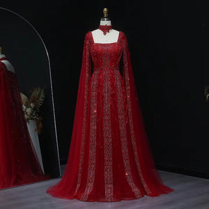 Abito da Sera Arabo di Lusso Stile Dubai Color Carne con Maniche a Mantella e Choker Rosso Vino da Donna per Matrimoni e Feste Lsz543 - Product Image 6