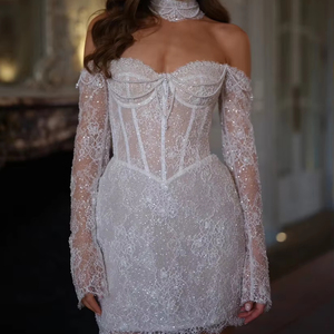 Abito <span class=keywords><strong>da</strong></span> <span class=keywords><strong>Sposa</strong></span> <span class=keywords><strong>Mini</strong></span> Ruolai HL688 con Cerniera Posteriore, Lacci, Perle, Catena, Maniche Lunghe in Pizzo e Vita Basque - Product Image 1