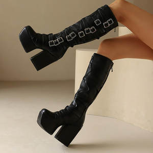 รองเท้าบูทยาวถึงเข่าสำหรับผู้หญิงไม่ว่างรองเท้าหนังสีดำสีขาวส้นตึกหัวเข็มขัดขนาดใหญ่16เส้นรองเท้าบูททรงพังค์แพลตฟอร์มโกธ - Product Image 5