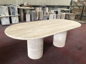 Meubles de salle à manger en pierre naturelle de luxe modernes personnalisés, table ovale avec base cannelée, plateau en travertin <span class=keywords><strong>beige</strong></span>, hôtel - Product Image 3