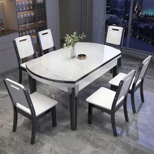 Hengke Furniture Round Marble Top <b>Dining</b> <b>Table</b> Set 6 Piece Convertible <b>Dining</b> Room Set - Product Image 3
