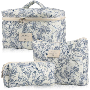 Sac cosmétique portable en coton matelassé à fleurs de grande capacité Sac de rangement portable à fermeture éclair écologique pour le voyage - Product Image 1
