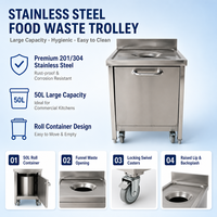 Chariot à déchets alimentaires en acier inoxydable commercial avec couvercle, robuste, pour la collecte des déchets de cuisine des restaurants