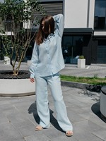 Ensemble en lin bleu ciel 2 pièces, lin de qualité supérieure personnalisé, haut et pantalon en lin uni à manches longues pour femmes, ensemble 2 pièces pour femmes