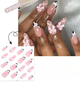 24 unids/set suave acrílico 3601 <span class=keywords><strong>vaca</strong></span> francesa estampado Rosa dulce lazo corto almendra <span class=keywords><strong>uñas</strong></span> con arco prensa en las <span class=keywords><strong>uñas</strong></span> artificiales - Product Image 6