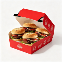 Boîte à hamburger biodégradable en carton blanc, personnalisable avec logo et motif, pour vente en gros, jetable, type clamshell, pour plats à emporter