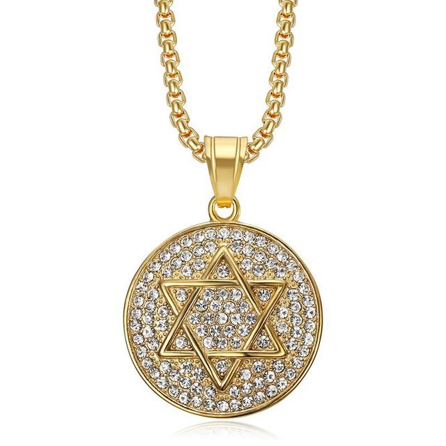 Stainless Steel PVD 18k Gold Plated Iced Out CZ Diamond Hexagram Star of David Pendant Necklace Hip Hop Religious Jewelry