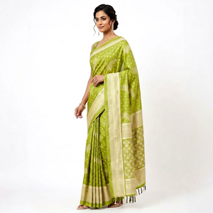 Sari en soie verte à pois blancs, motifs de feuilles, imprimé numérique, tenue de mariage indienne traditionnelle pour femme, longueur au sol, service OEM - Product Image 1