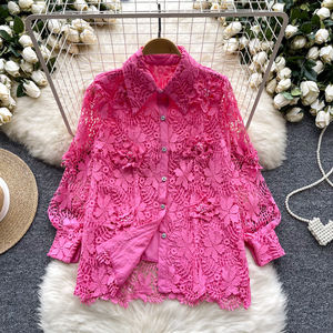 फीता ब्लूज़ महिलाओं गर्मियों की शैली तीन आयामी फूल सिंगल ब्रीस्टेड लंबे आस्तीन ब्लाउज - Product Image 1