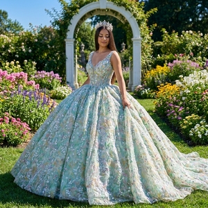 Vestido de Quinceañera Dy6967 de Lujo en Verde Menta, Chifón, Cintura Natural, Flores 3D, Vestido de Princesa con Brillo para Baile de Graduación, Boda o Fiesta - Product Image 1
