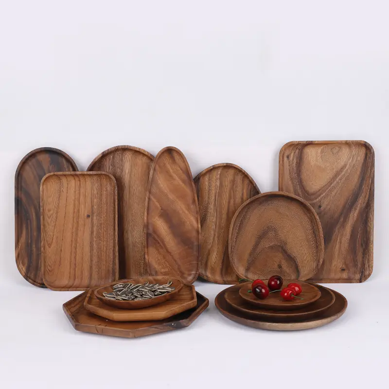 Grands Restaurants africains petites assiettes en bois d'acacia de formes diverses, bureau plat en bois de teck sushi assiette à dîner plateau en bois pour la nourriture