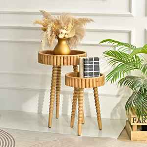 Home Living Room Accent <b>Round</b> Storage Tray Wood <b>Coffee</b> <b>Table</b> with Turned Leg - Product Image 1