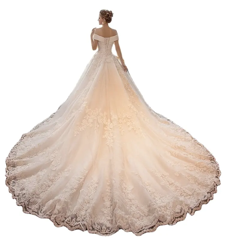 6236# Off-Shoulder Strapless Wedding Dress Lace Applique Sequined Luxury Long Train Ball Gown Chapel Train Bridal Gown Plus Size