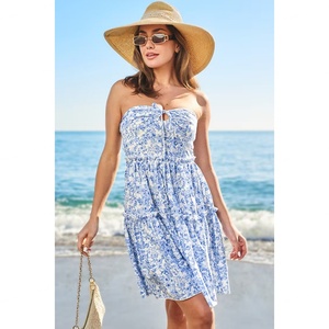 Vestido de Fiesta de Playa Mini, Azul y Blanco, con Estampado Floral, Sin Mangas, Plisado, con Cintura Ajustada y Escote Corazón, Promocional - Product Image 6