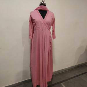 Vestido Maxi Rosa con Cuello en V, Manga Tres Cuartos, Estilo Cruzado, Holgado, Informal, de Algodón Tejido, Color Sólido, con Detalle de Borlas, para Todas las Temporadas - Product Image 1