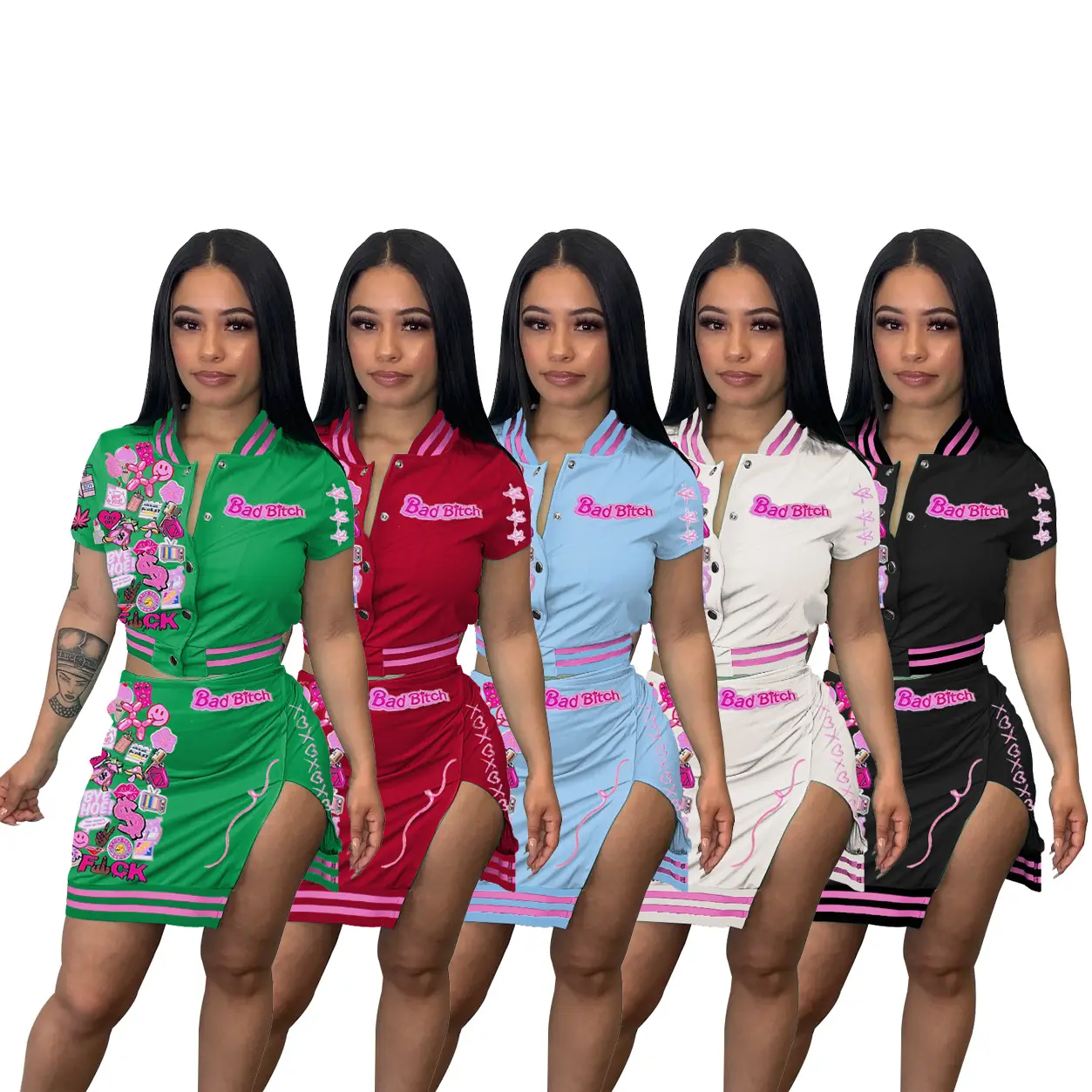 Summer 2xl Streetwear Letter Graffiti T Shirt And Split Skirt Set Women Button Up Crop Top Two Piece Mini Skirts Set Clothing