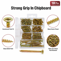 Assortiment de 160 vis à bois en acier au carbone plaqué zinc jaune, vis à bois de tailles variées pour meubles, OEM & ODM