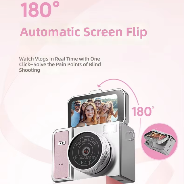OEM Pink Flip Screen Mini Kids Digital Camera 1440P 4K HD Vlog Camera 1.47" LCD 180 Angle Film Filters for Teens Girls Custom