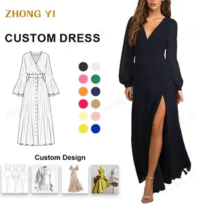 2023 High Quality Women's Apparel V Neck Long Sleeve Sexy Slit Long Skirt Ladies Fashion Banquet Sandbeach Casual Maxi Dresses