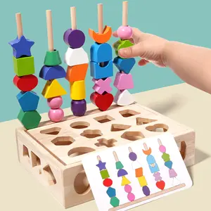 Multi-functional Montessori Toys Wooden Blocks Geometry Cognition Shape Matching Toy Bead Sequencing Game Building Block Sets