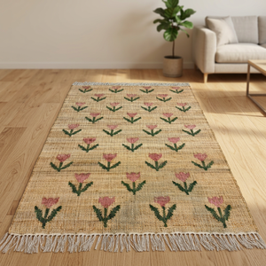 Handmade Jute Area <b>Rug</b> Floral Pattern Rectangle Farmhouse Style <b>Thin</b> Flat Weave Natural Fiber Eco-Friendly Home Decor - Product Image 2