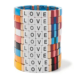 Factory Outlets Customized Handmade Letter LOVE Bracelets Enamel Rainbow Tile Cuff Bracelet DIY Your Bracelets