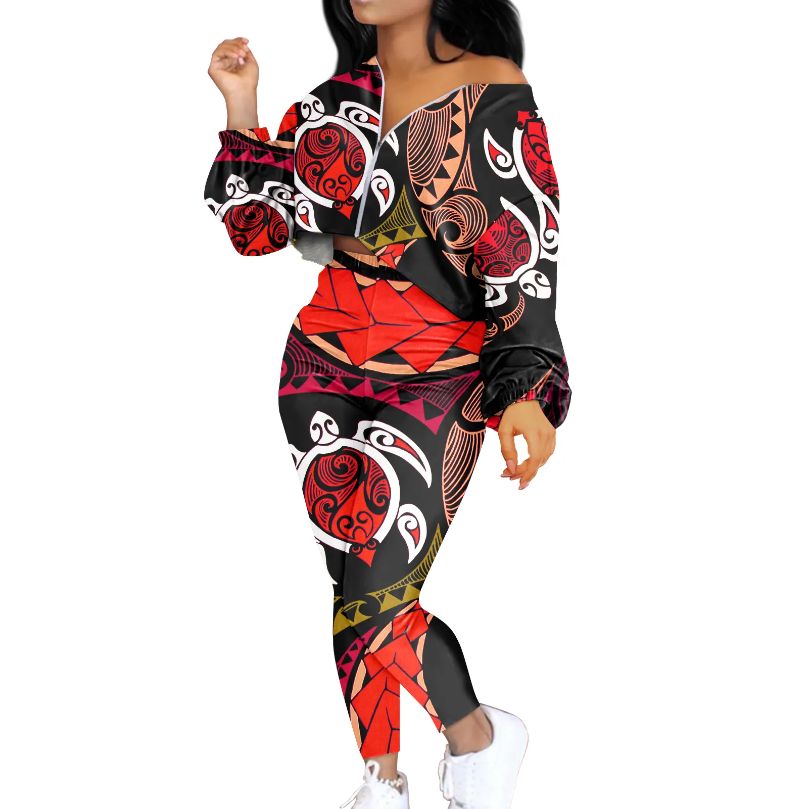 MOQ Personalizado 1 Polinesia Tribal estampado personalizado mujeres Crop Tops 2 piezas conjunto de ropa de talla grande de manga larga traje femenino chándal