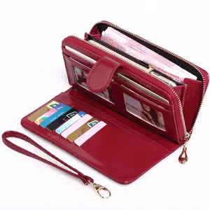 Boshiho Women Wallet Large Oil Wax Leather Designer Zip Around Card Holder Organizer Ladies Travel Clutch Wristlet