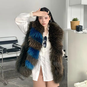 Privé personnalisé mélange couleurs entier naturel fourrure de raton laveur gilet manteau femmes mode tenues réel fourrure fourrure Gilets veste - Product Image 5