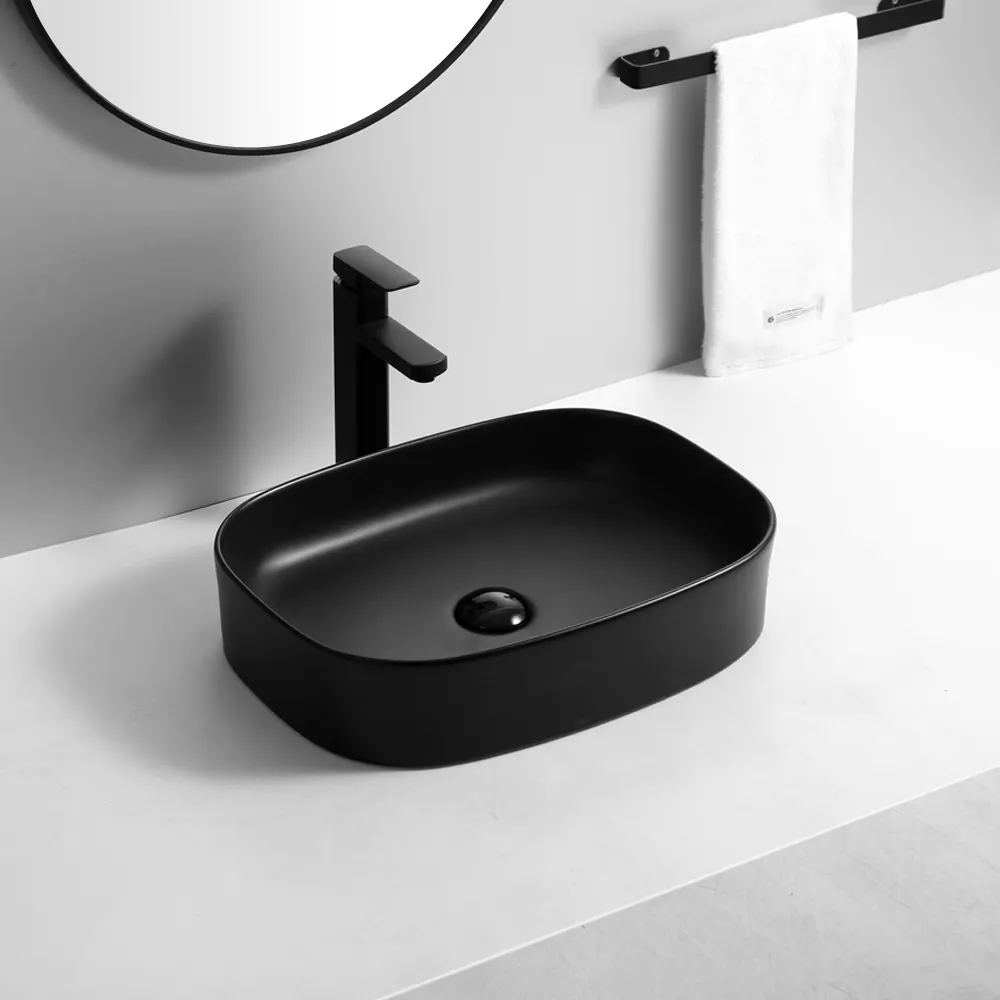 Haute qualité sanitaire main moderne comptoir salle de bain évier noir mat lavabo main lavabo