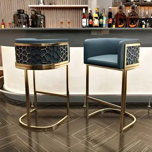 Nordic Light Luxury Blue Velvet Bar Height Chair Gold Frame Household High Stool Commercial Bar Chair Front Desk Cashier Chair