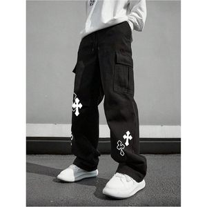 FOXA Men's Cross Graphic Baggy <b>Cargo</b> Pants Drawstring Waist Wide Leg Sweatpants Streetwear 100% Cotton Breathable - Product Image 5