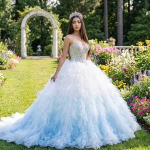 Xs291 Modern Blue White Ombre Crystal Beaded Appliques Quinceanera Dress Layered Ruffle Tulle Ball Gown Sweet 15 for - Product Image 1